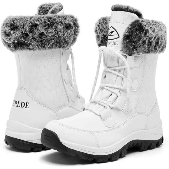 Women’s White Wheat Strip Waterproof Snow Boots Mid-Calf Faux Fur Lined Non-Slip